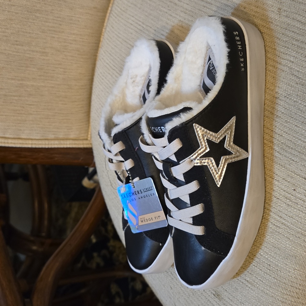 Skechers Diamond Starz Wear-Ever Leather Wedge Fit Sneaker Slides Faux Fur Mules